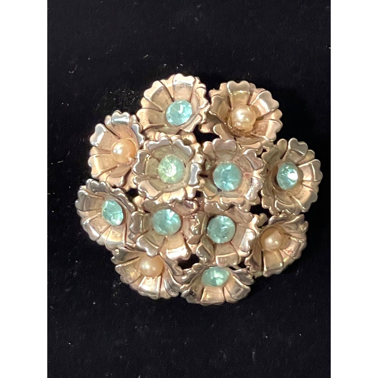 Vintage Faux Pearl & Blue Rhinestone Floral Brooch, 10k Gold Plated, Unmarked
